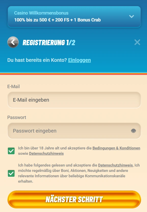 Vegasino Casino Registrierungsbereich
